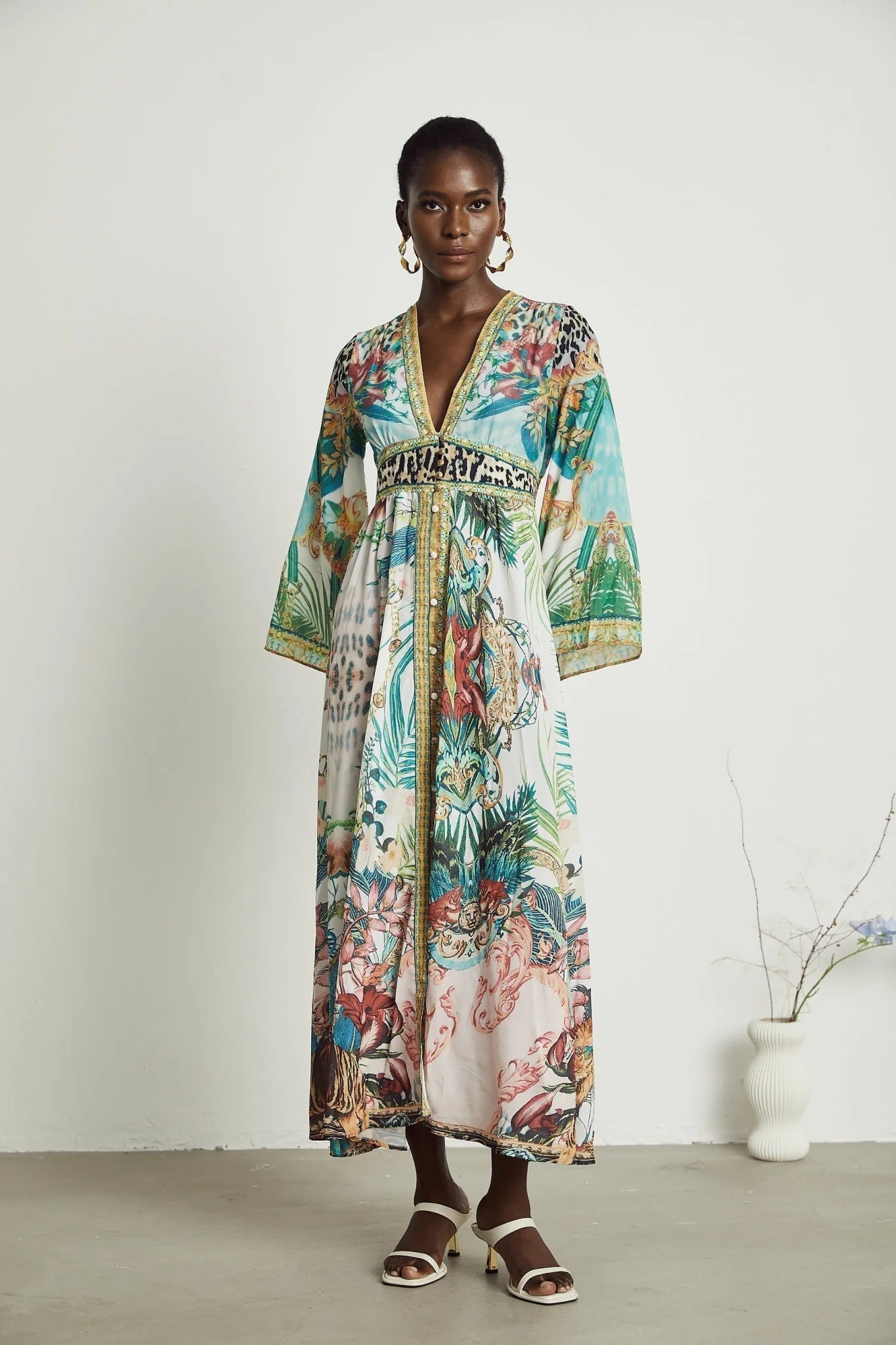 Iolanda Maxi Dress - Long Sleeved - Plunging V - neckline - Fitted Waistline - Front Button Fastening