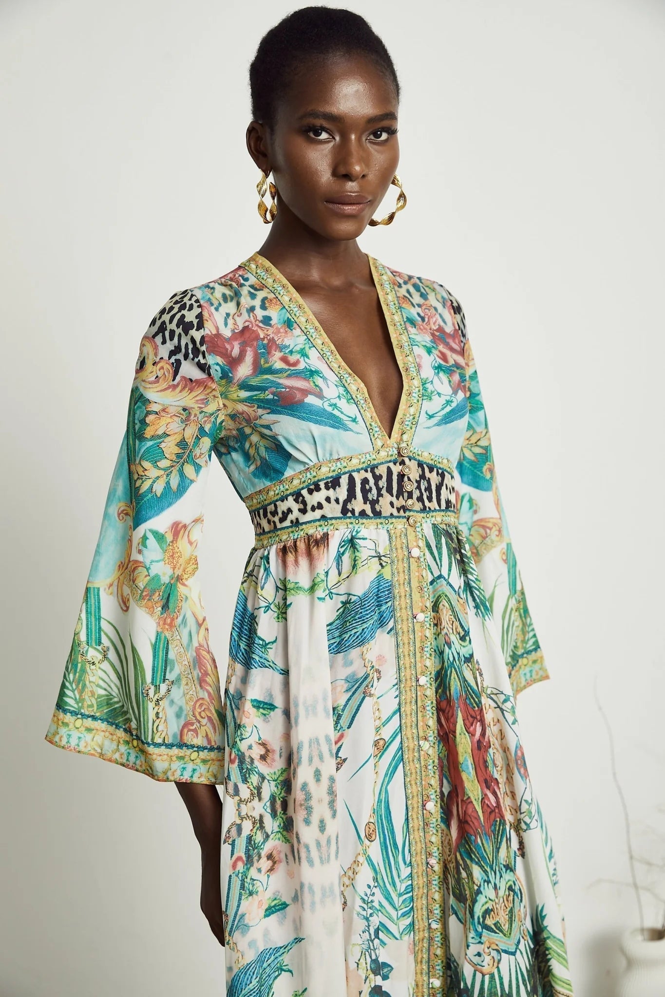 Iolanda Maxi Dress - Long Sleeved - Plunging V - neckline - Fitted Waistline - Front Button Fastening