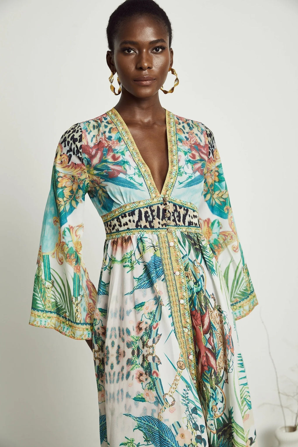 Iolanda Maxi Dress - Long Sleeved - Plunging V - neckline - Fitted Waistline - Front Button Fastening
