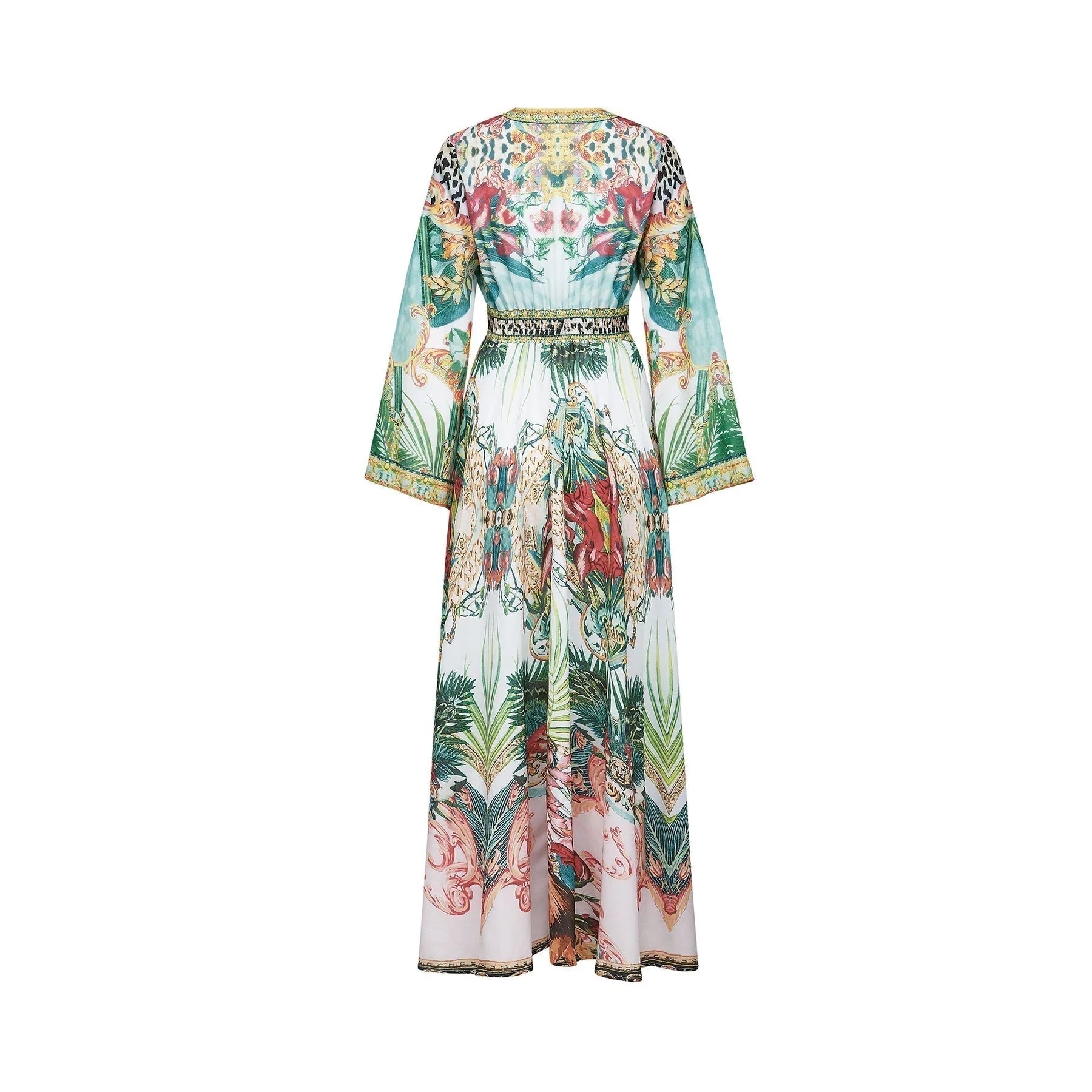 Iolanda Maxi Dress - Long Sleeved - Plunging V - neckline - Fitted Waistline - Front Button Fastening