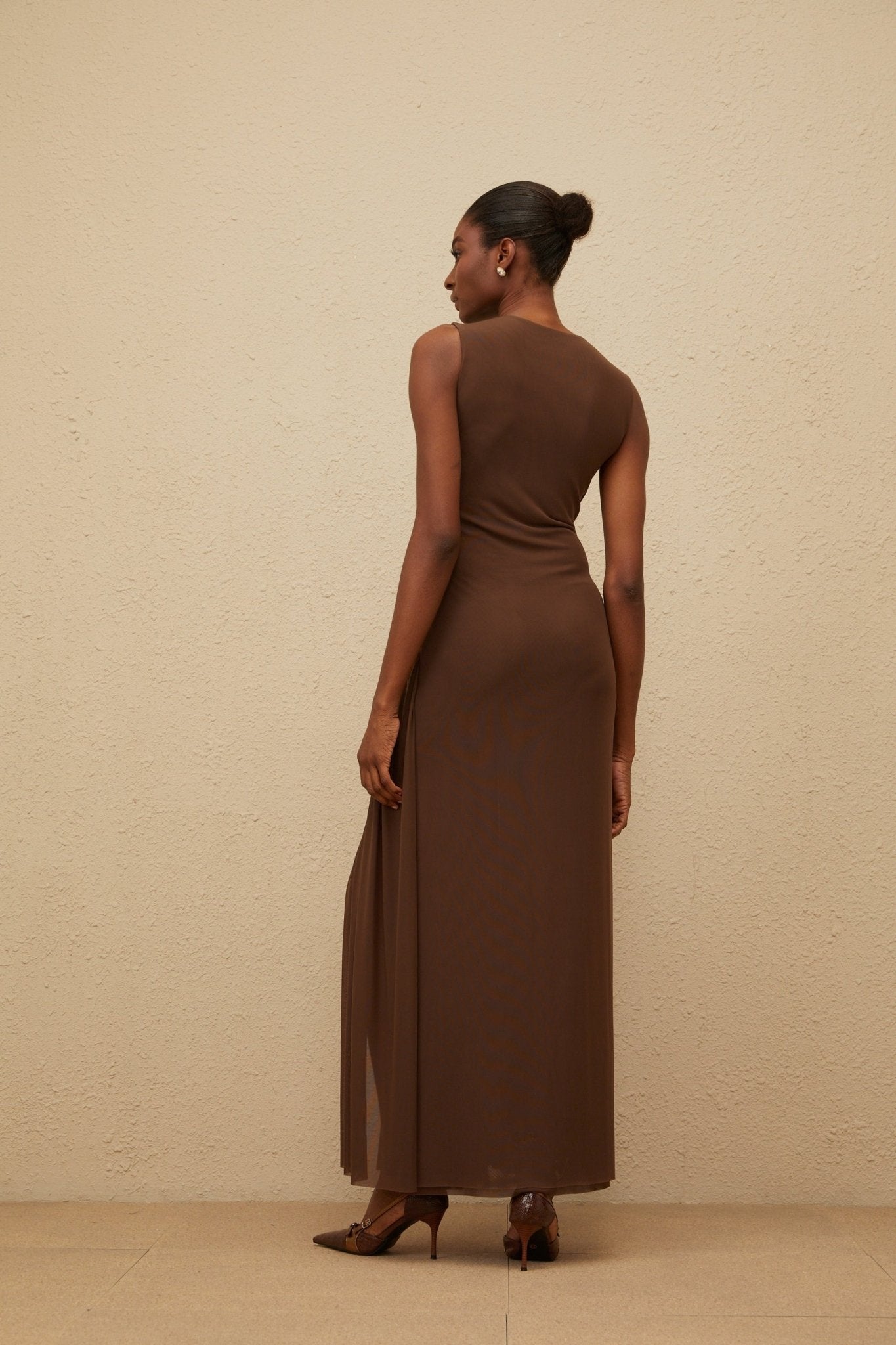 Iolanda Midi Dress - Round Neck - Sleeveless - Tulle - Braid Detailing - Asymmetrical Design