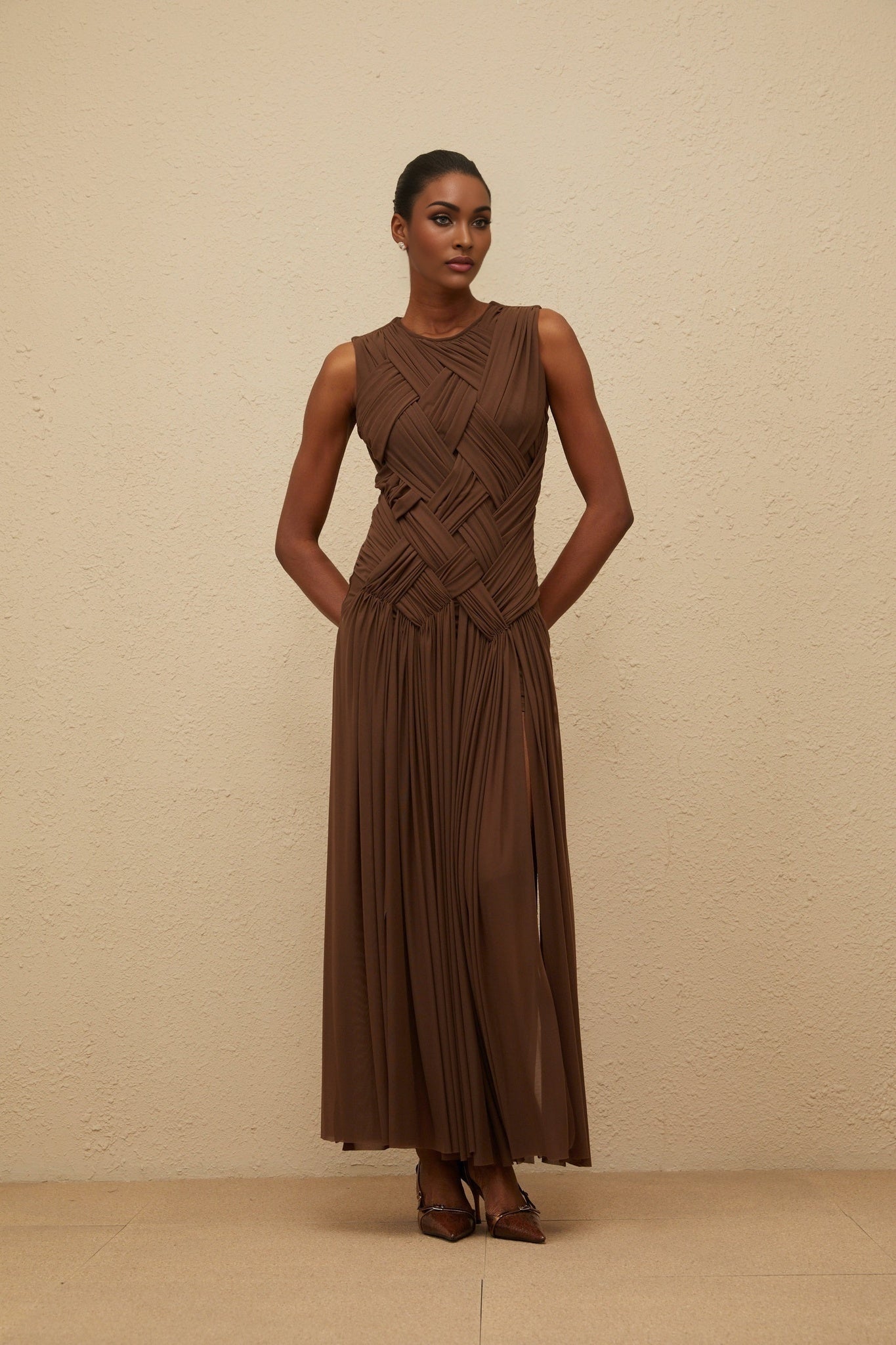 Iolanda Midi Dress - Round Neck - Sleeveless - Tulle - Braid Detailing - Asymmetrical Design
