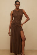 Iolanda Midi Dress - Round Neck - Sleeveless - Tulle - Braid Detailing - Asymmetrical Design