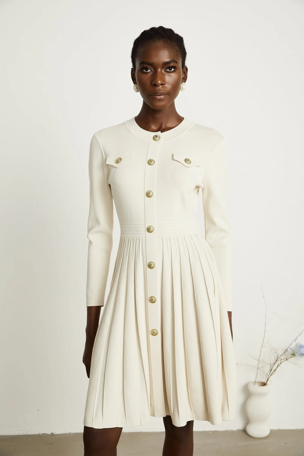 Ippolita Mini Dress - Long Sleeves - Round Neck - Pleated Design - Knitted Construction