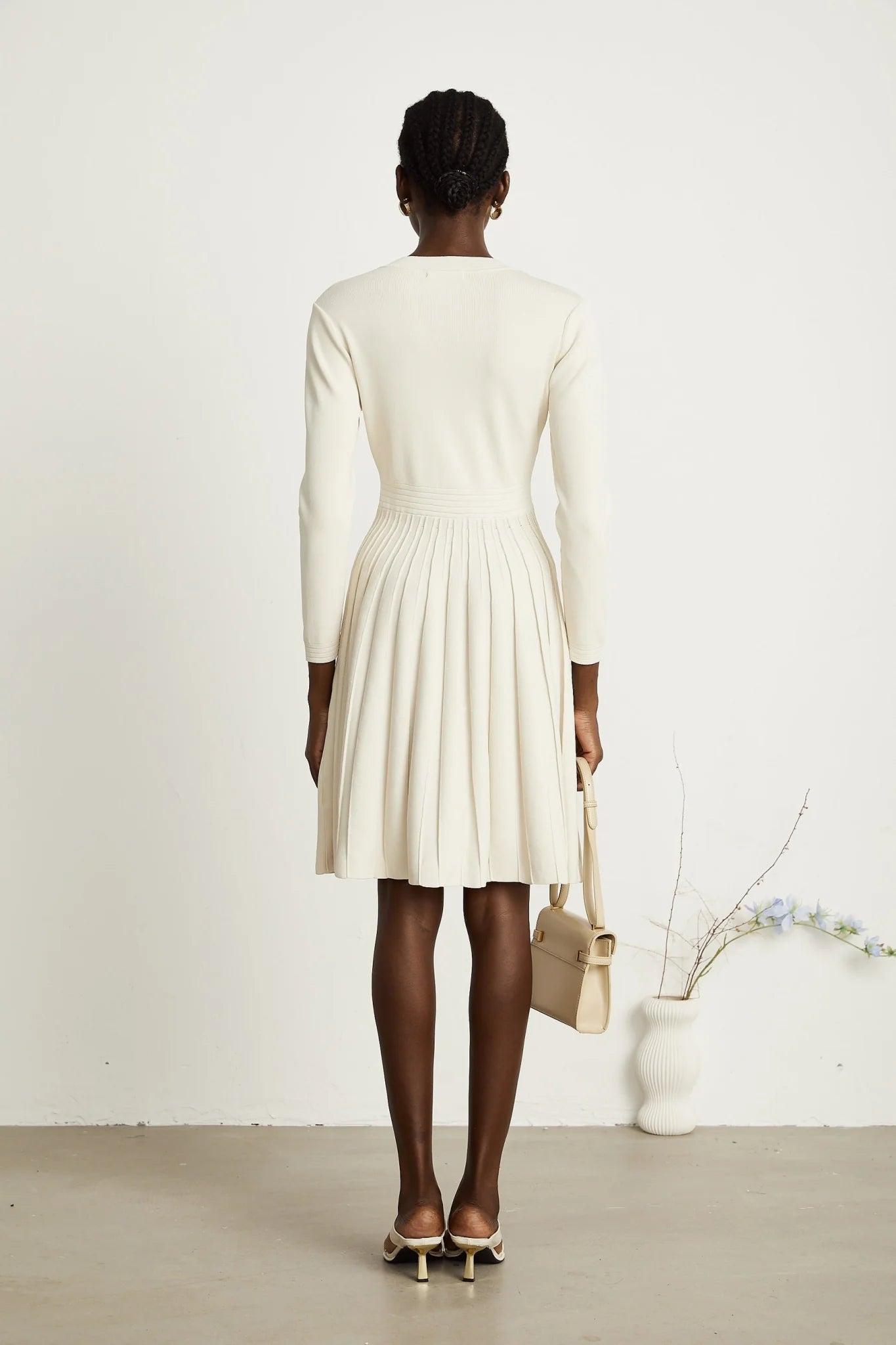 Ippolita Mini Dress - Long Sleeves - Round Neck - Pleated Design - Knitted Construction