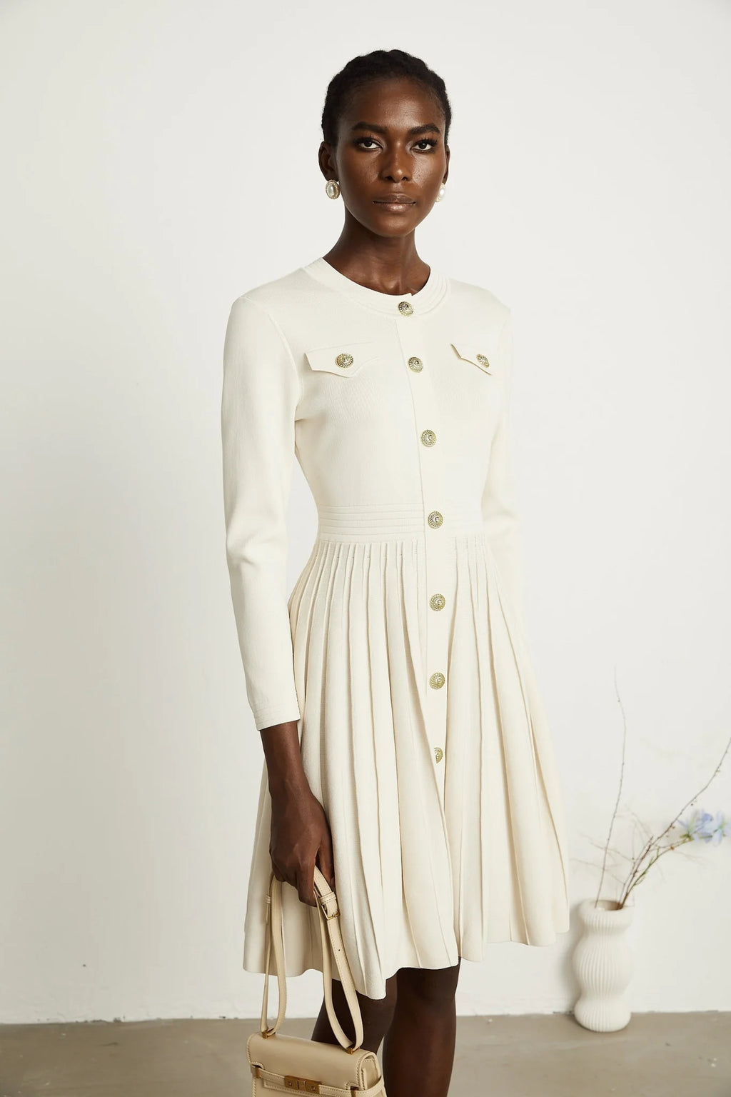 Ippolita Mini Dress - Long Sleeves - Round Neck - Pleated Design - Knitted Construction
