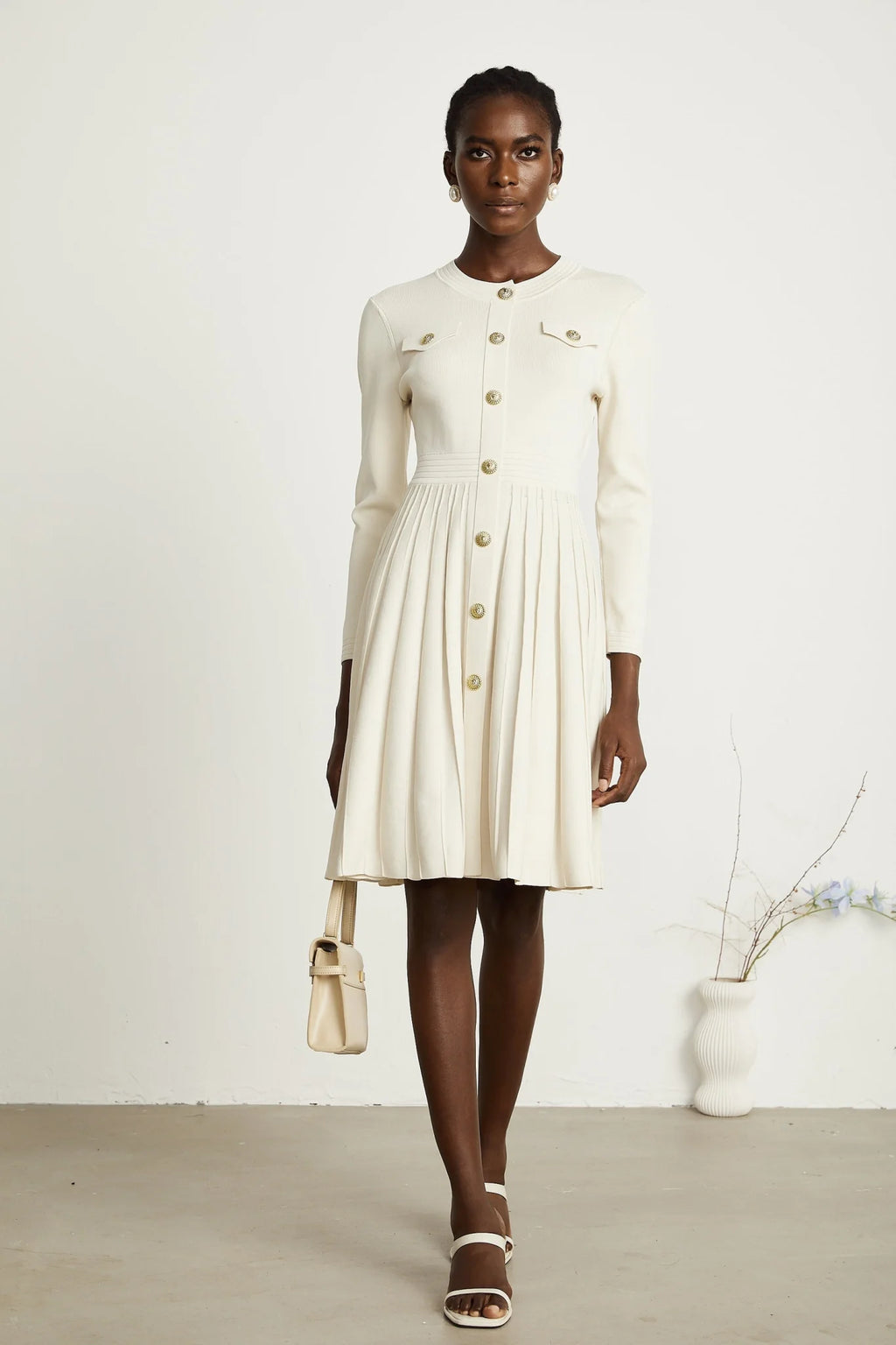 Ippolita Mini Dress - Long Sleeves - Round Neck - Pleated Design - Knitted Construction