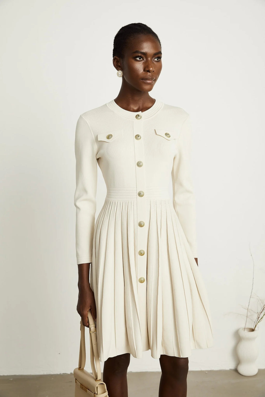 Ippolita Mini Dress - Long Sleeves - Round Neck - Pleated Design - Knitted Construction