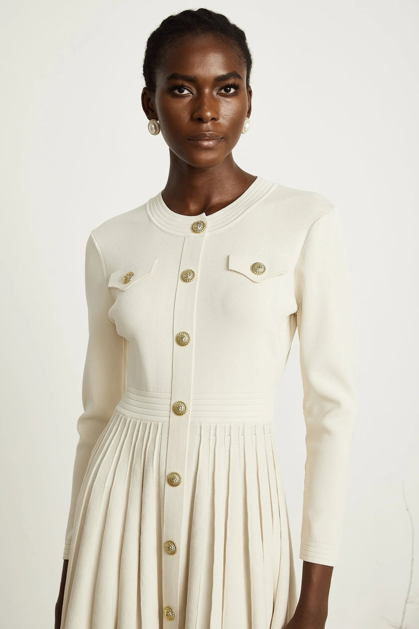 Ippolita Mini Dress - Long Sleeves - Round Neck - Pleated Design - Knitted Construction