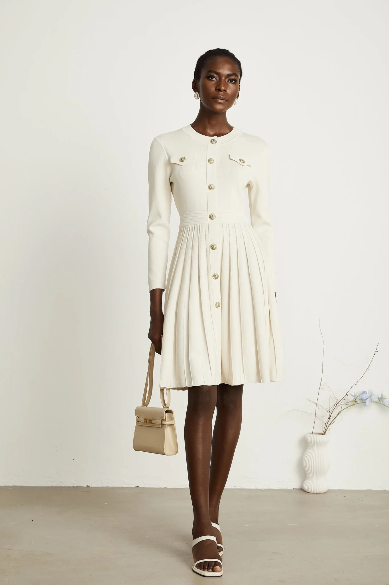 Ippolita Mini Dress - Long Sleeves - Round Neck - Pleated Design - Knitted Construction