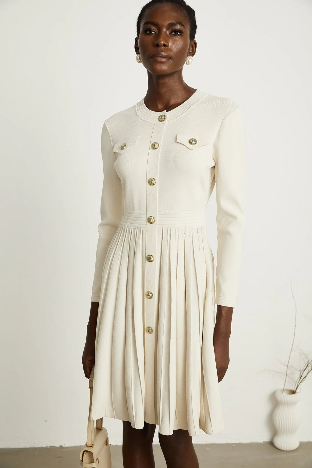 Ippolita Mini Dress - Long Sleeves - Round Neck - Pleated Design - Knitted Construction