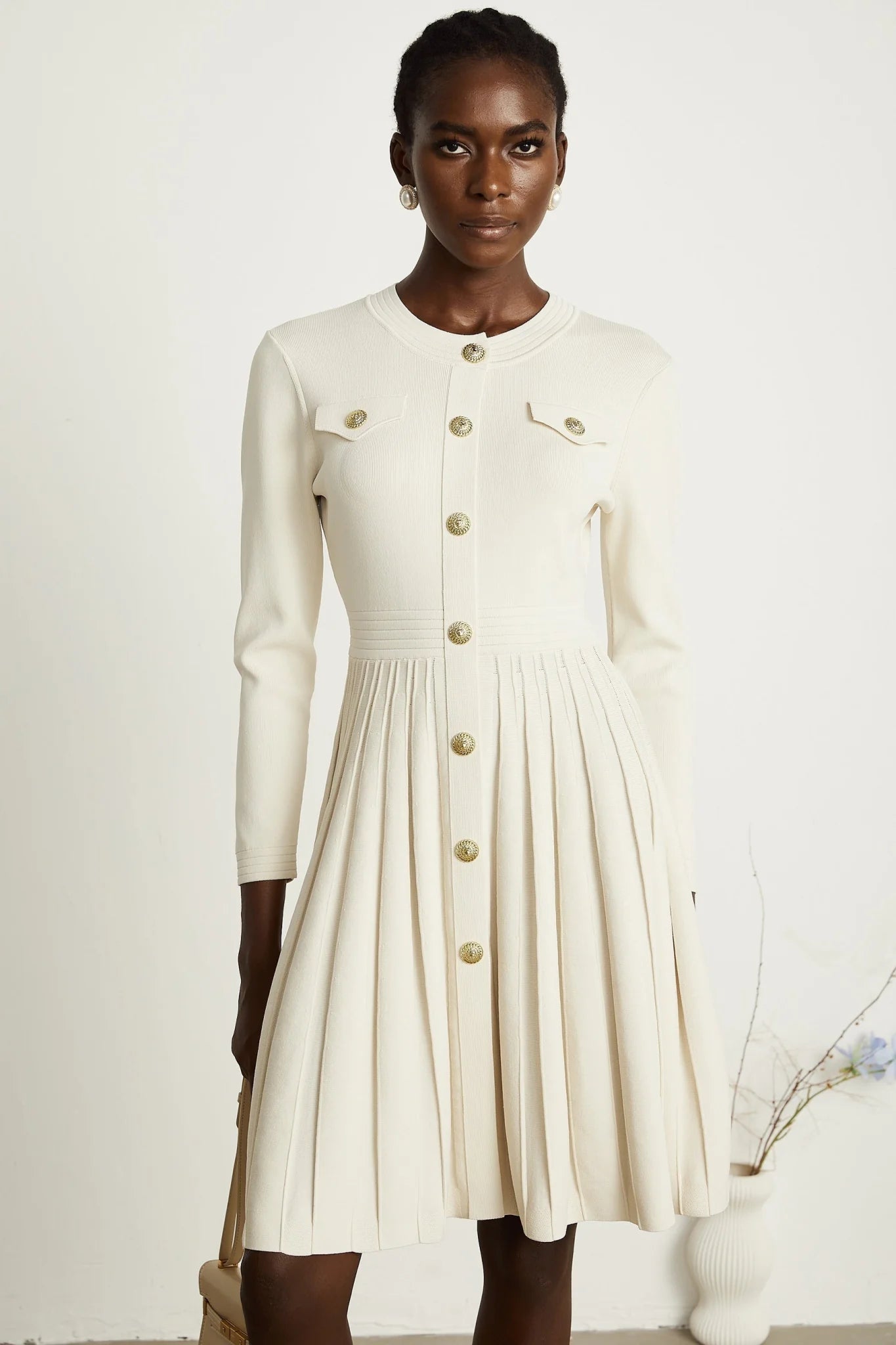 Ippolita Mini Dress - Long Sleeves - Round Neck - Pleated Design - Knitted Construction