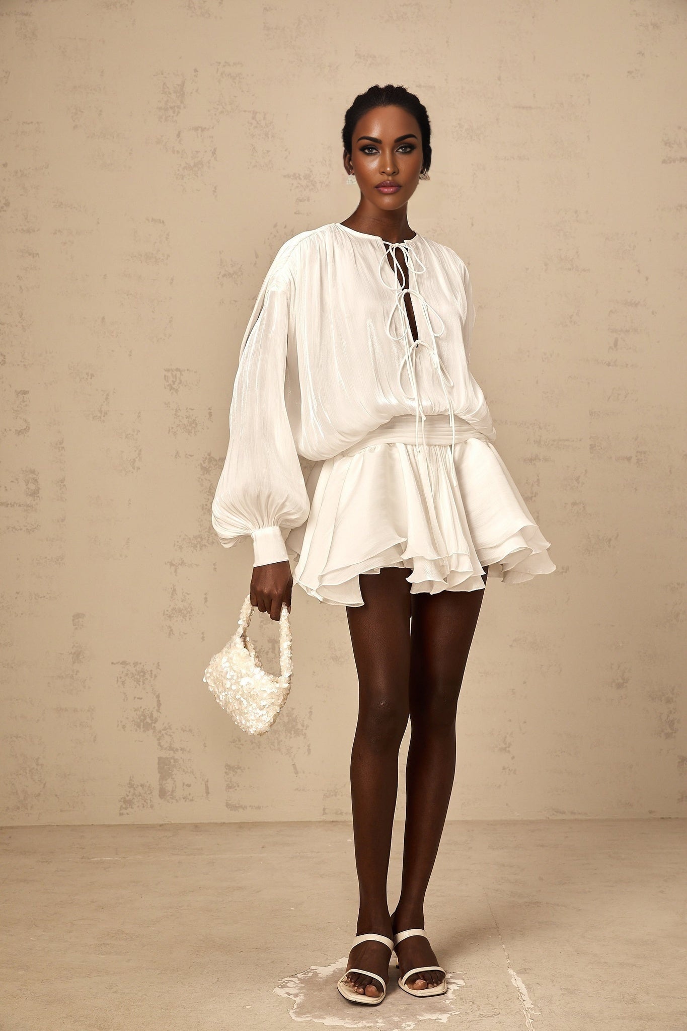 Ippolita White Mini Dress - Balloon Sleeves - Draped Design - Pleated Skirt - Glitter Detailing