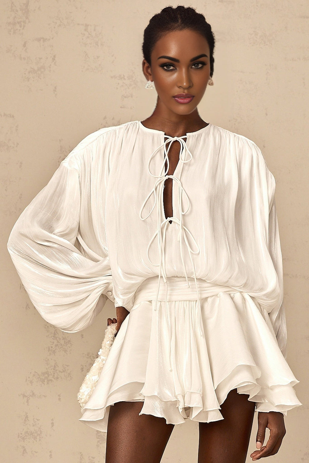 Ippolita White Mini Dress - Balloon Sleeves - Draped Design - Pleated Skirt - Glitter Detailing
