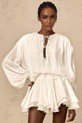 Ippolita White Mini Dress - Balloon Sleeves - Draped Design - Pleated Skirt - Glitter Detailing