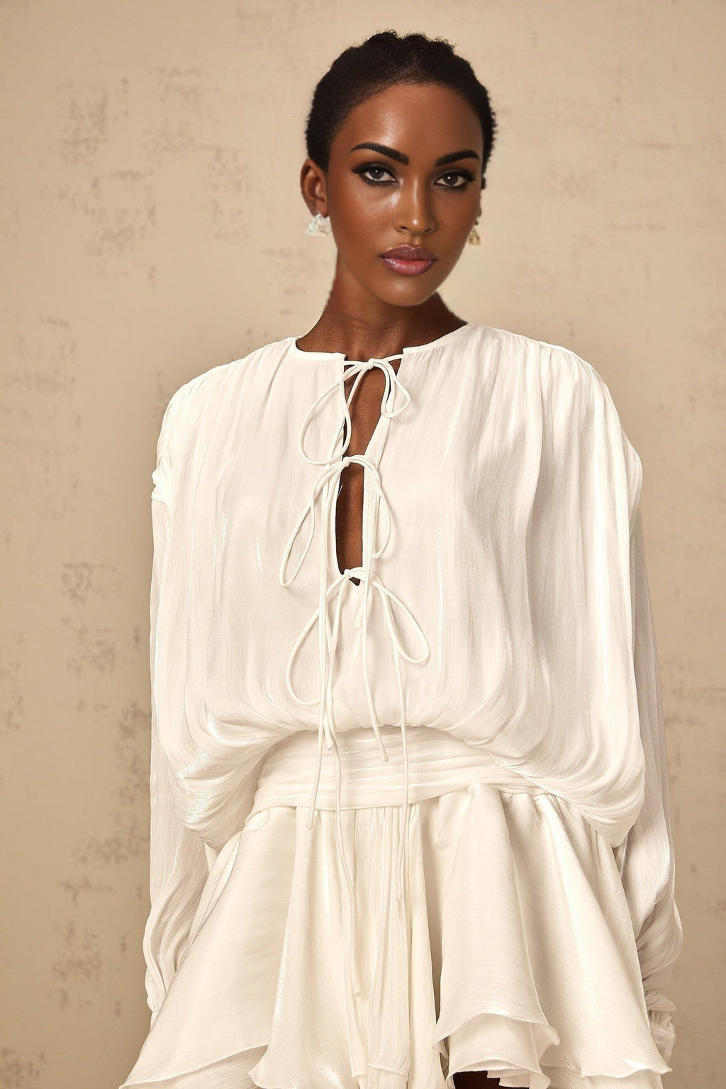 Ippolita White Mini Dress - Balloon Sleeves - Draped Design - Pleated Skirt - Glitter Detailing