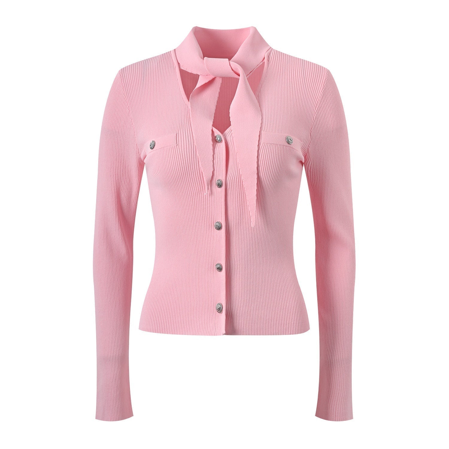Irene Slim Fit Long Sleeve Top - Tie - Neck Detail - Button Front with Decorative Pockets