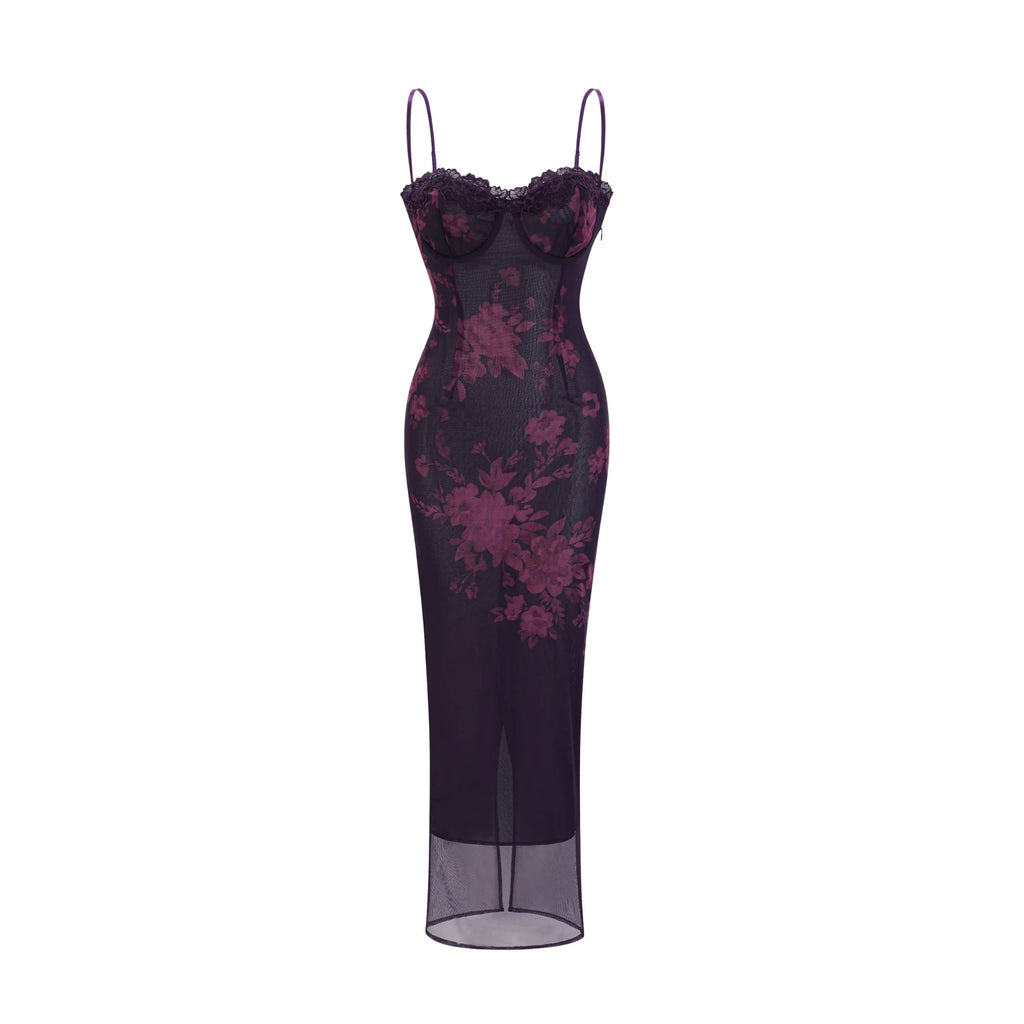 Isabel Floral Midi Dress - Sleeveless Cut - Spaghetti Straps - Mesh Design - Lace Trims