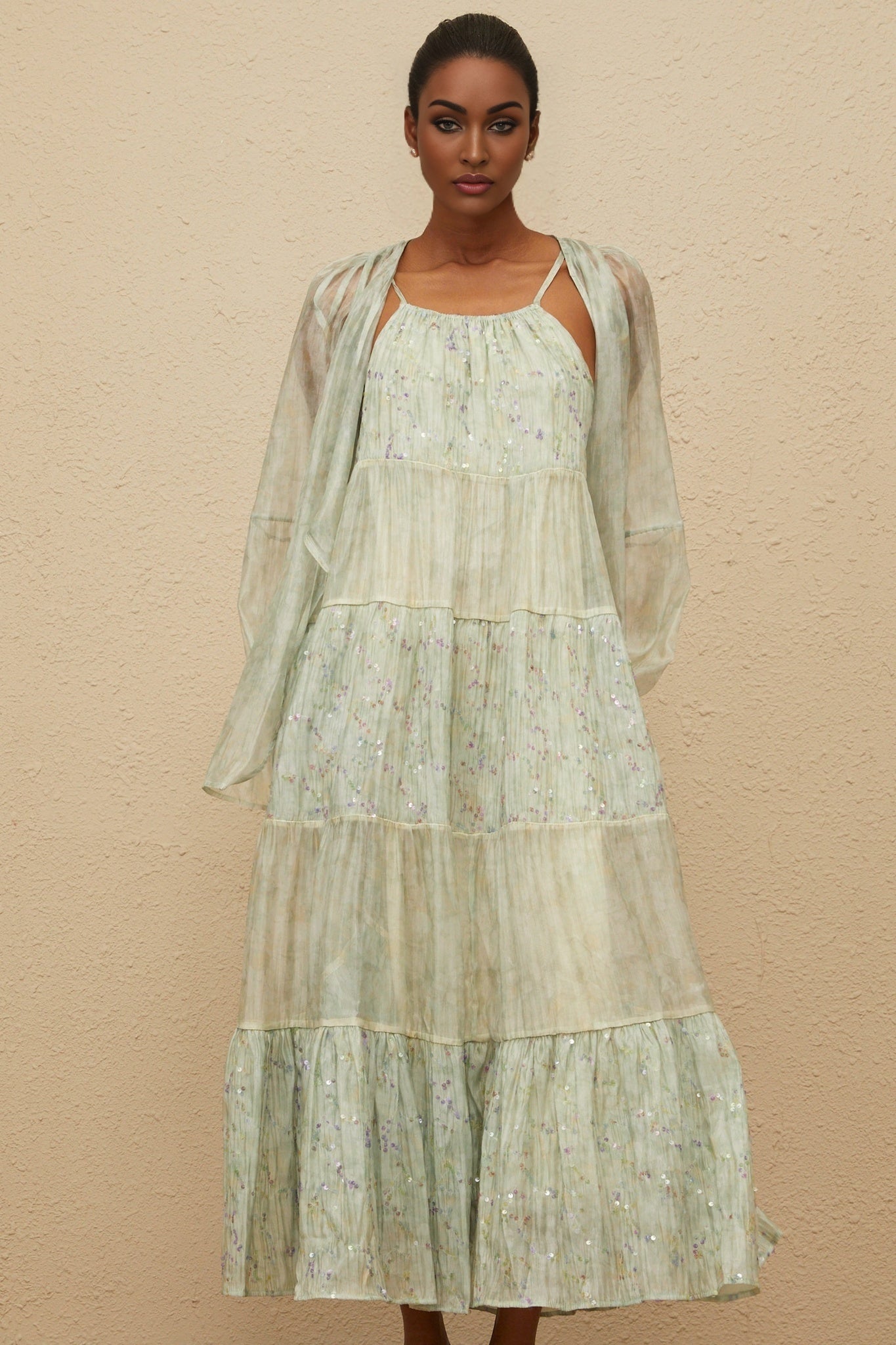 Isabella Cardigan & Dress Set - Tie - Dye Print - Puff Sleeves - Tiered Design - Sequin Embellishment - Maxi Length