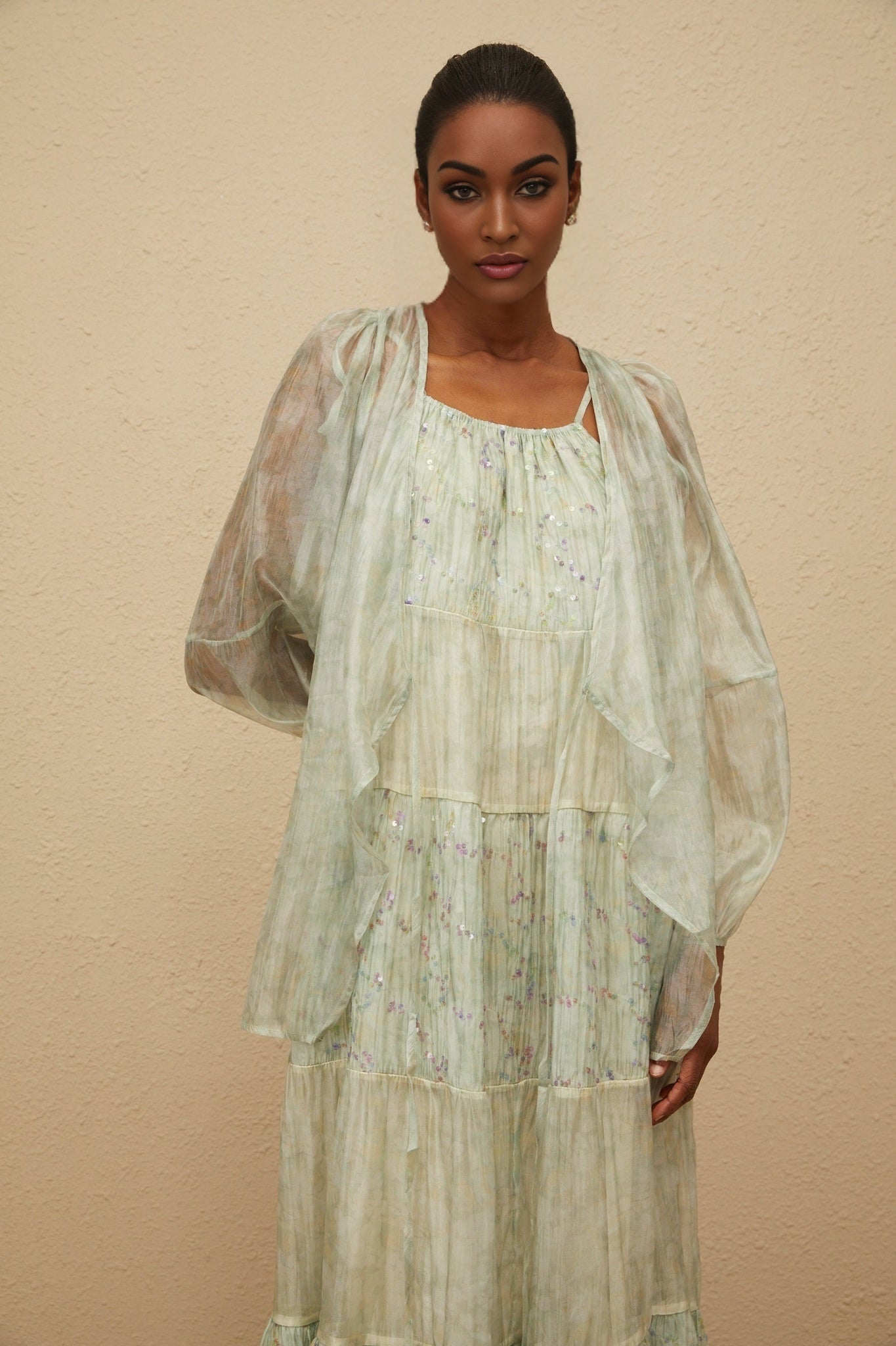 Isabella Cardigan & Dress Set - Tie - Dye Print - Puff Sleeves - Tiered Design - Sequin Embellishment - Maxi Length