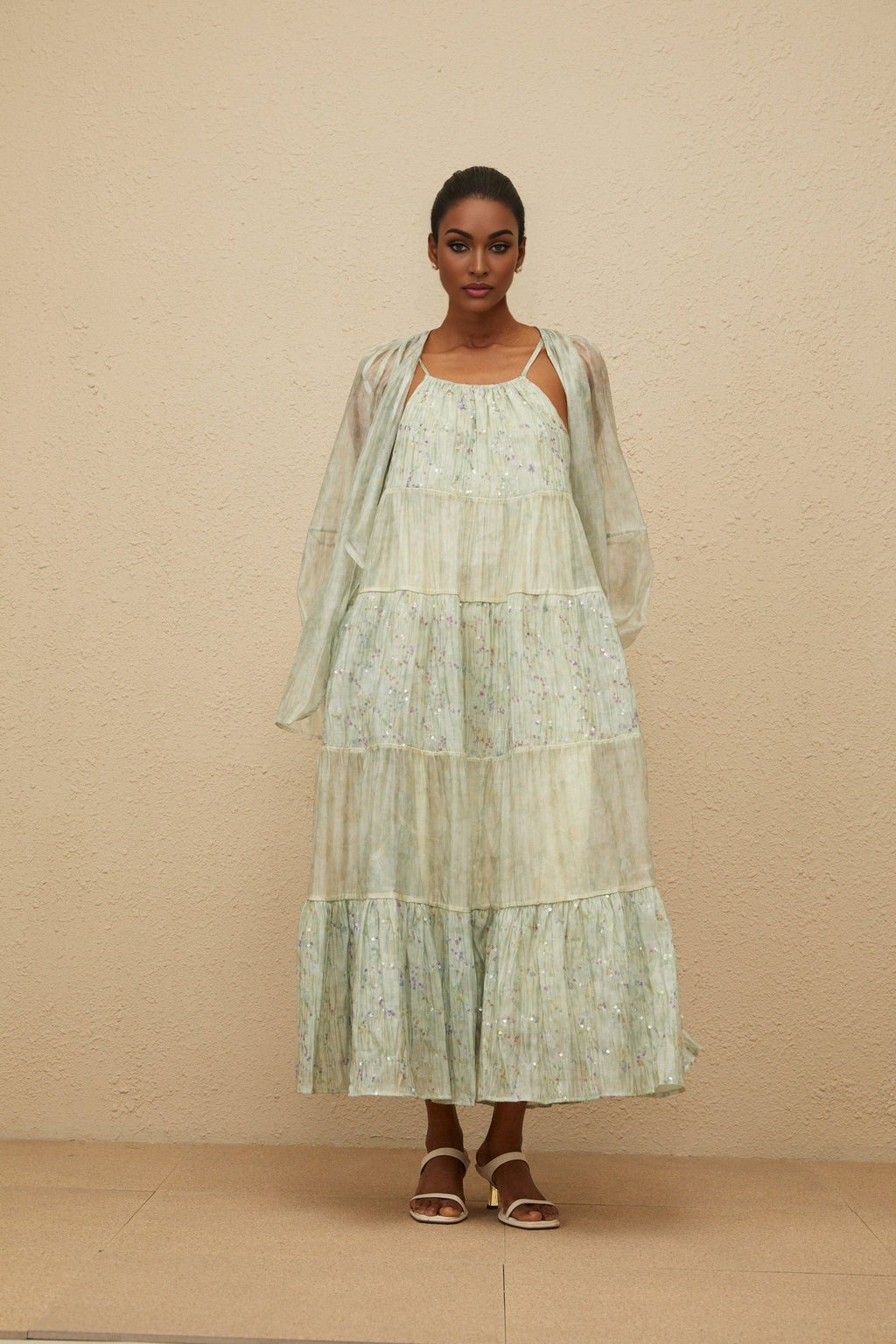 Isabella Cardigan & Dress Set - Tie - Dye Print - Puff Sleeves - Tiered Design - Sequin Embellishment - Maxi Length