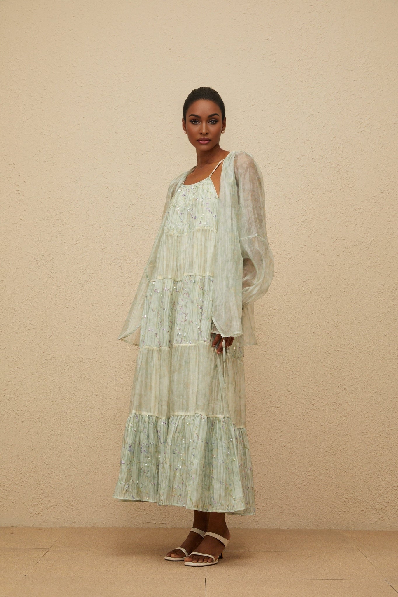 Isabella Cardigan & Dress Set - Tie - Dye Print - Puff Sleeves - Tiered Design - Sequin Embellishment - Maxi Length