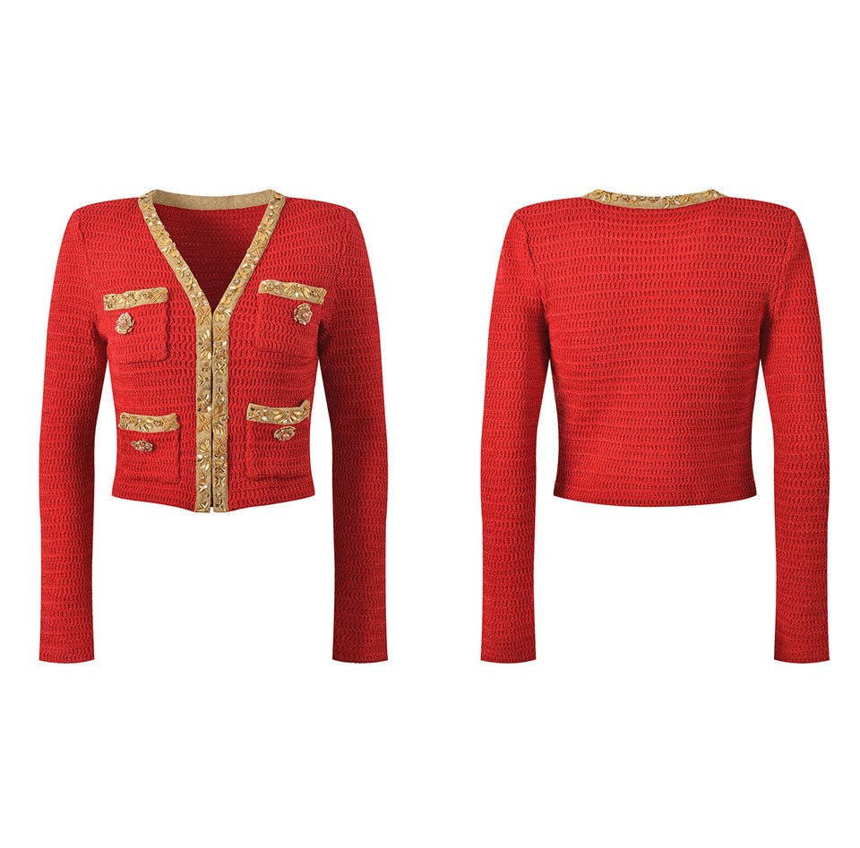 Isabella Jacket and Skirt Set – Textured Knit Design – Gold Decorative Details – Fitted Silhouette