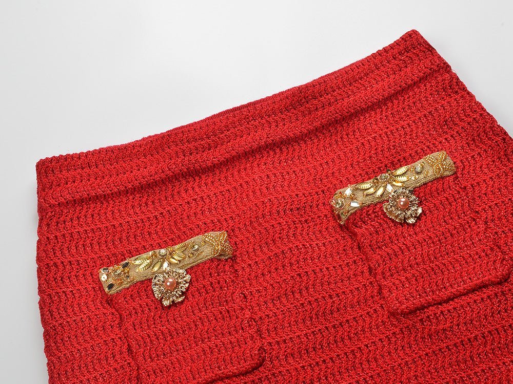 Isabella Jacket and Skirt Set – Textured Knit Design – Gold Decorative Details – Fitted Silhouette