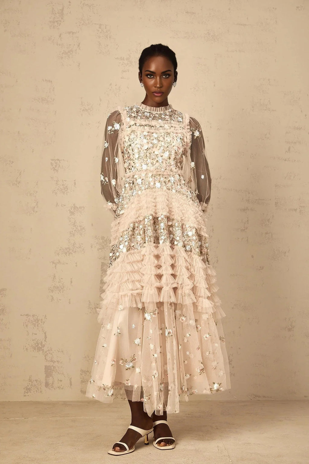Isabella Maxi Dress Floral Embroidered Tulle Tiered Ruffles