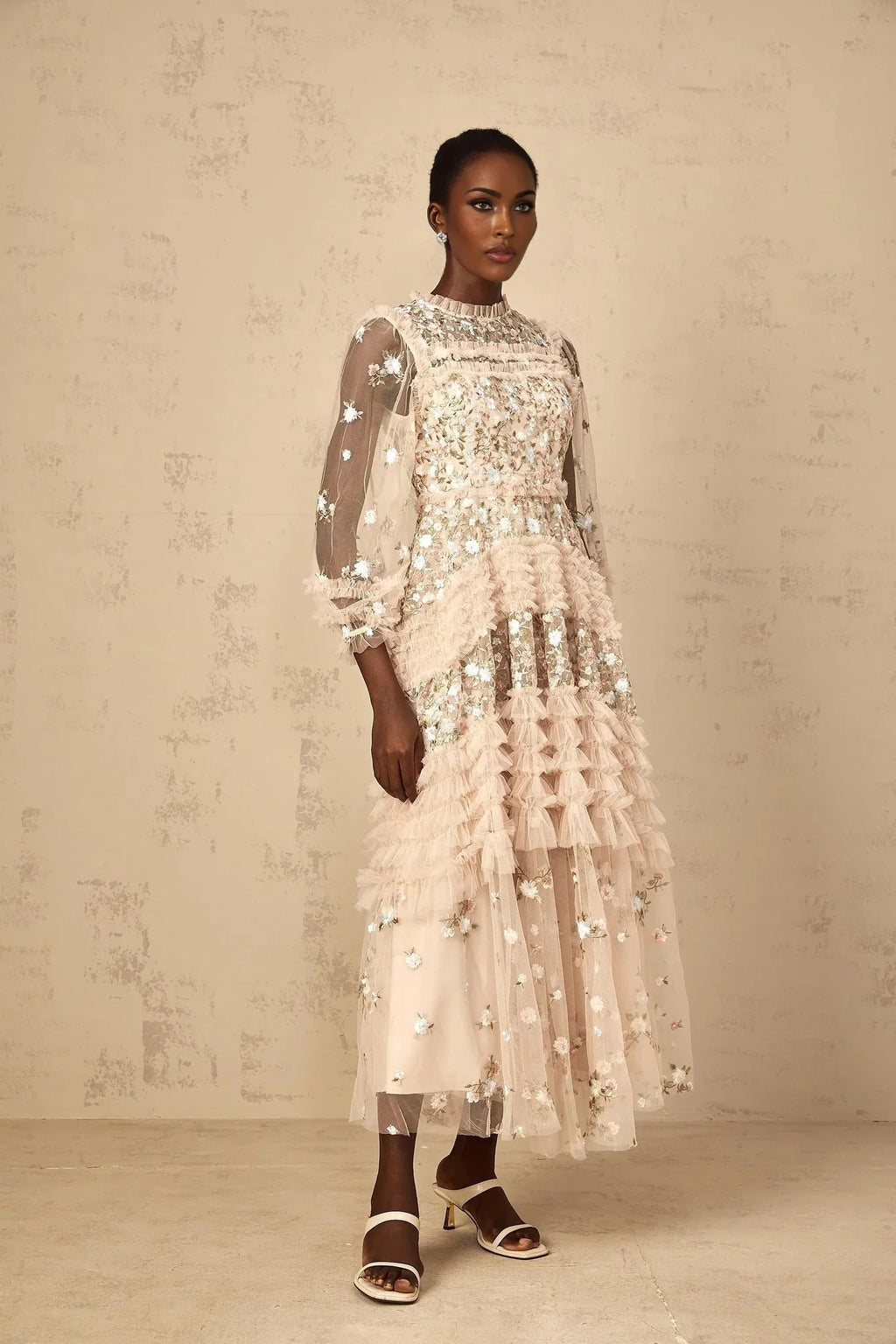 Isabella Maxi Dress Floral Embroidered Tulle Tiered Ruffles