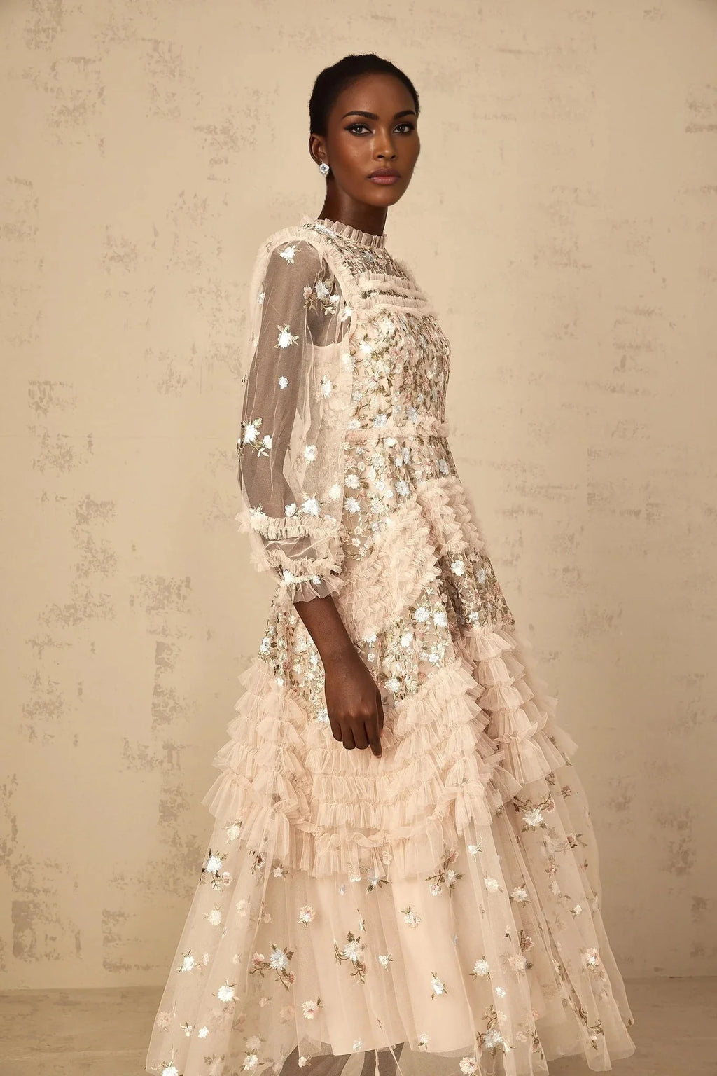 Isabella Maxi Dress Floral Embroidered Tulle Tiered Ruffles