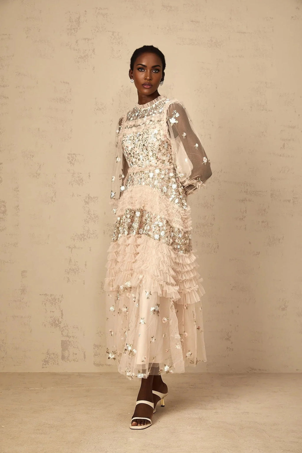Isabella Maxi Dress Floral Embroidered Tulle Tiered Ruffles