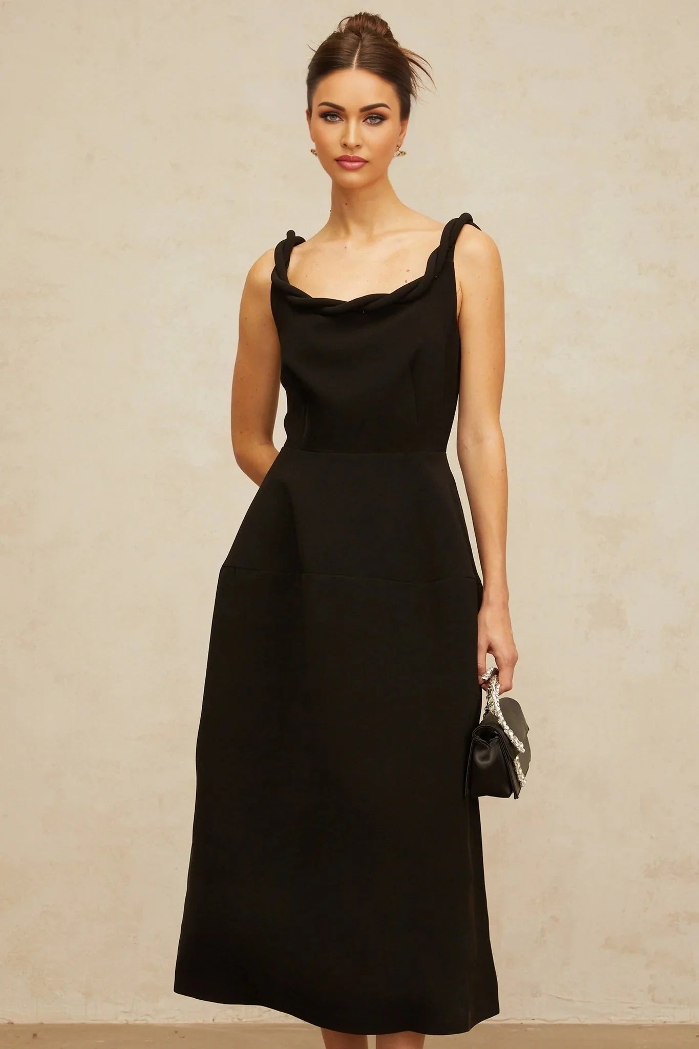Isabella Midi Dress Black Braided Puff Design