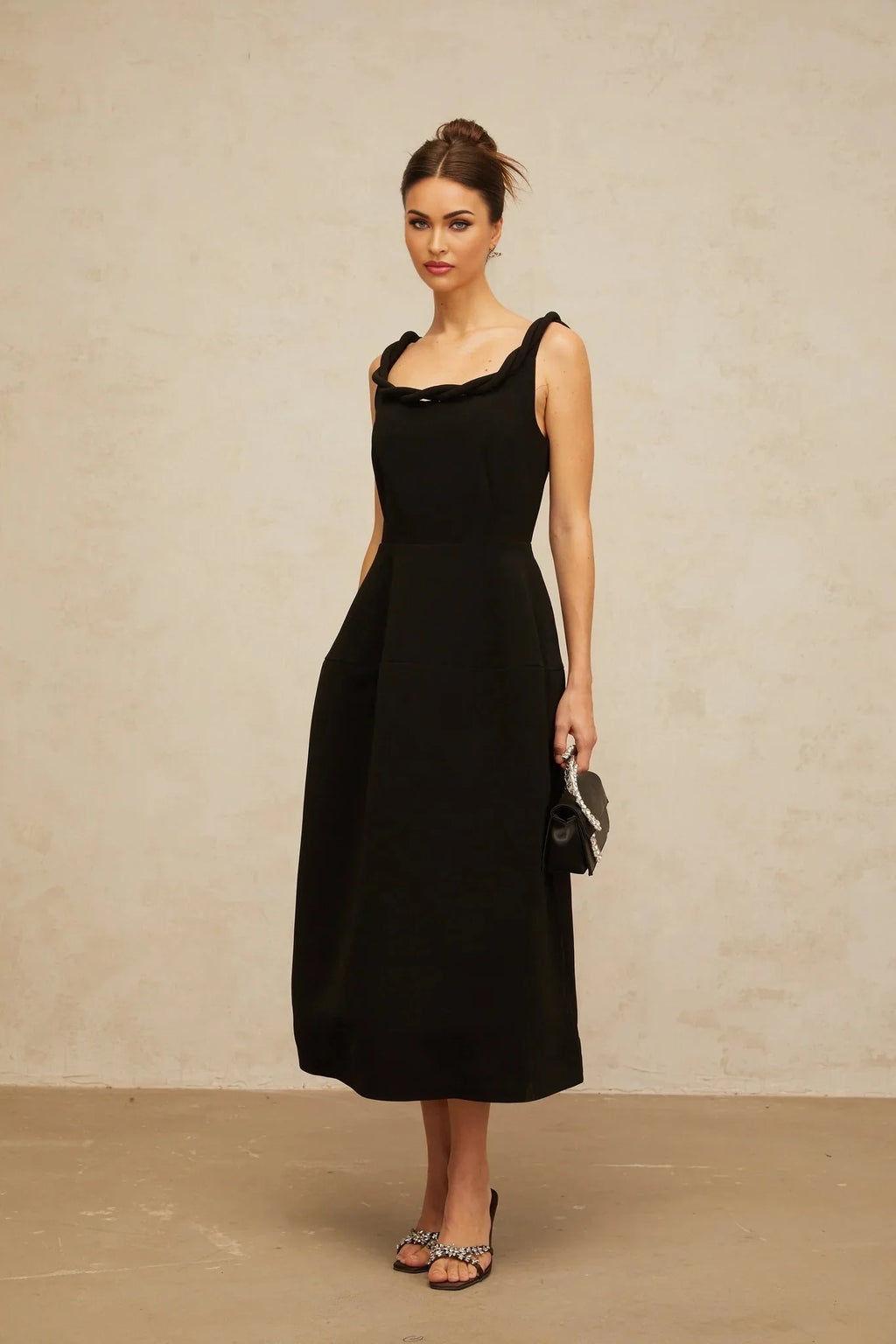 Isabella Midi Dress Black Braided Puff Design
