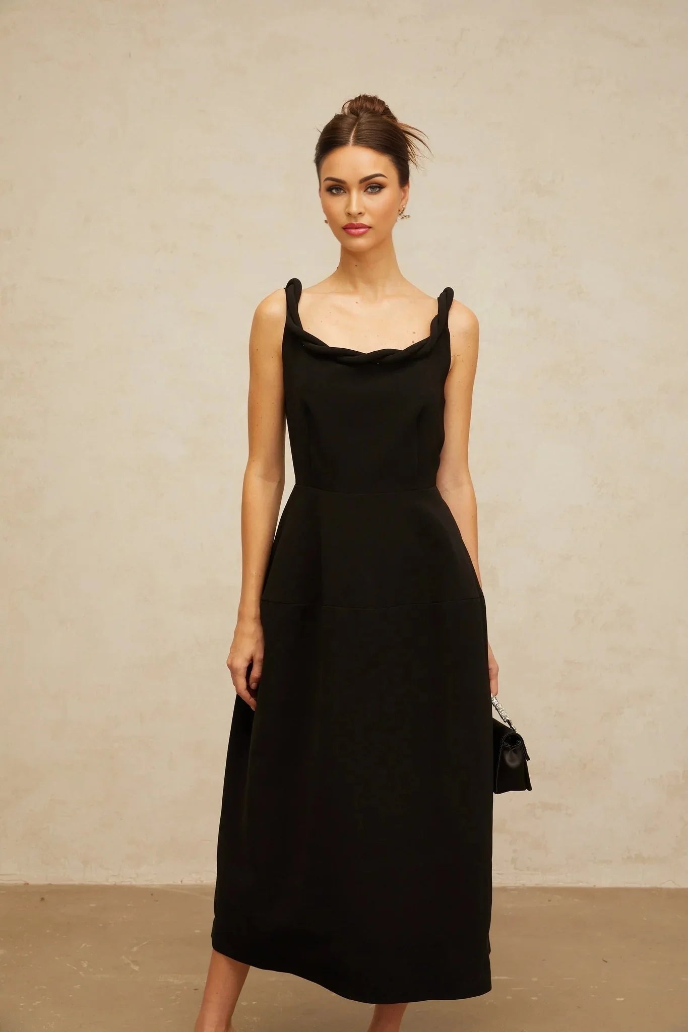 Isabella Midi Dress Black Braided Puff Design