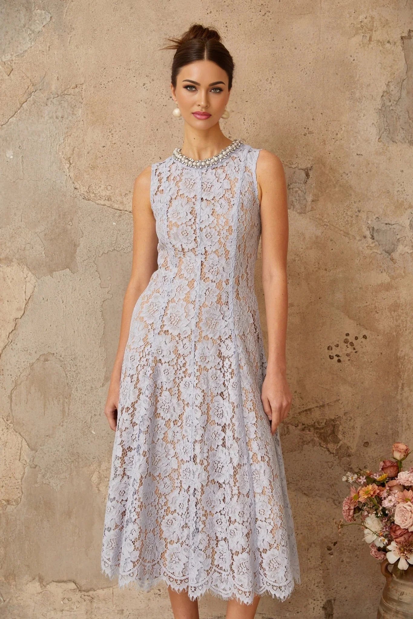 Isabella Midi Dress Blue Lace Crystal Embellished