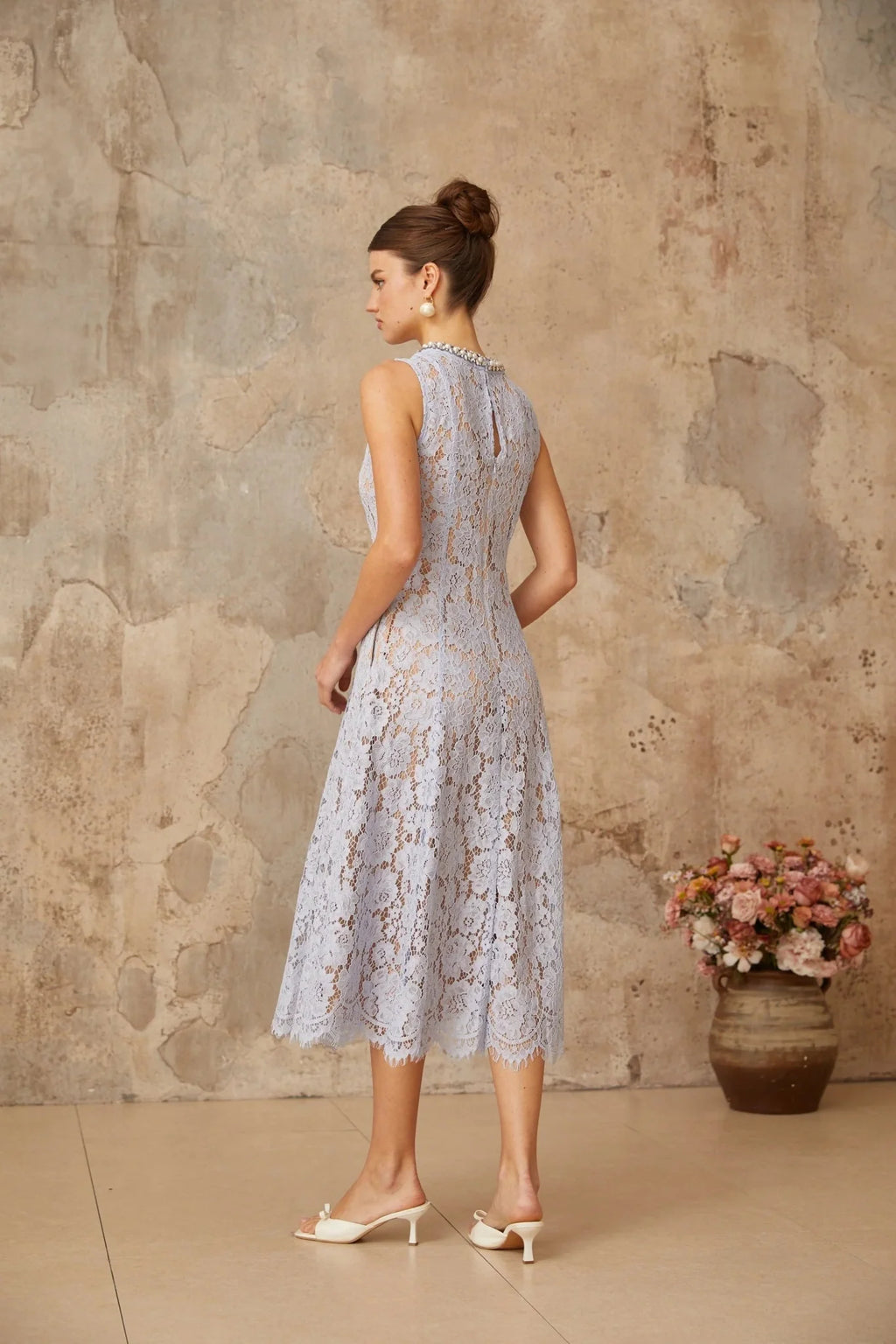 Isabella Midi Dress Blue Lace Crystal Embellished