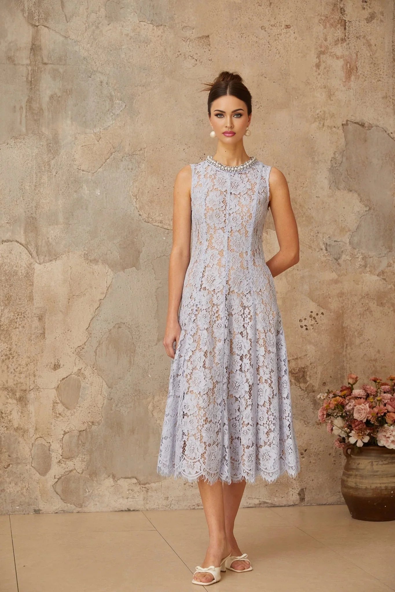 Isabella Midi Dress Blue Lace Crystal Embellished