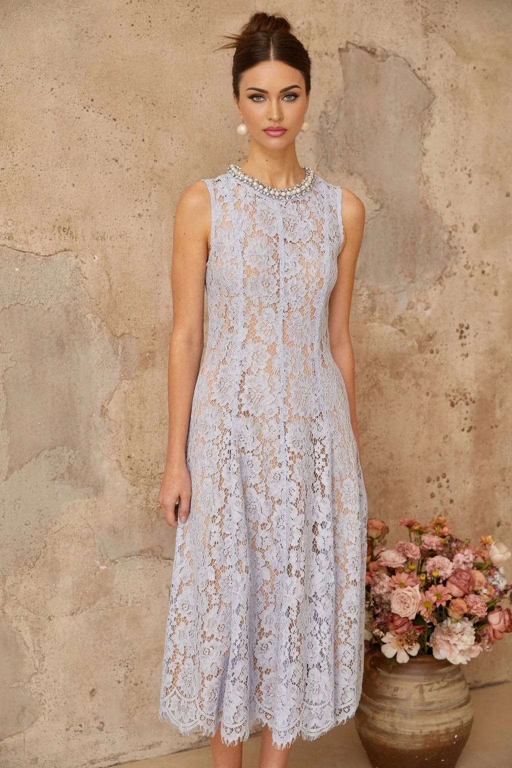 Isabella Midi Dress Blue Lace Crystal Embellished
