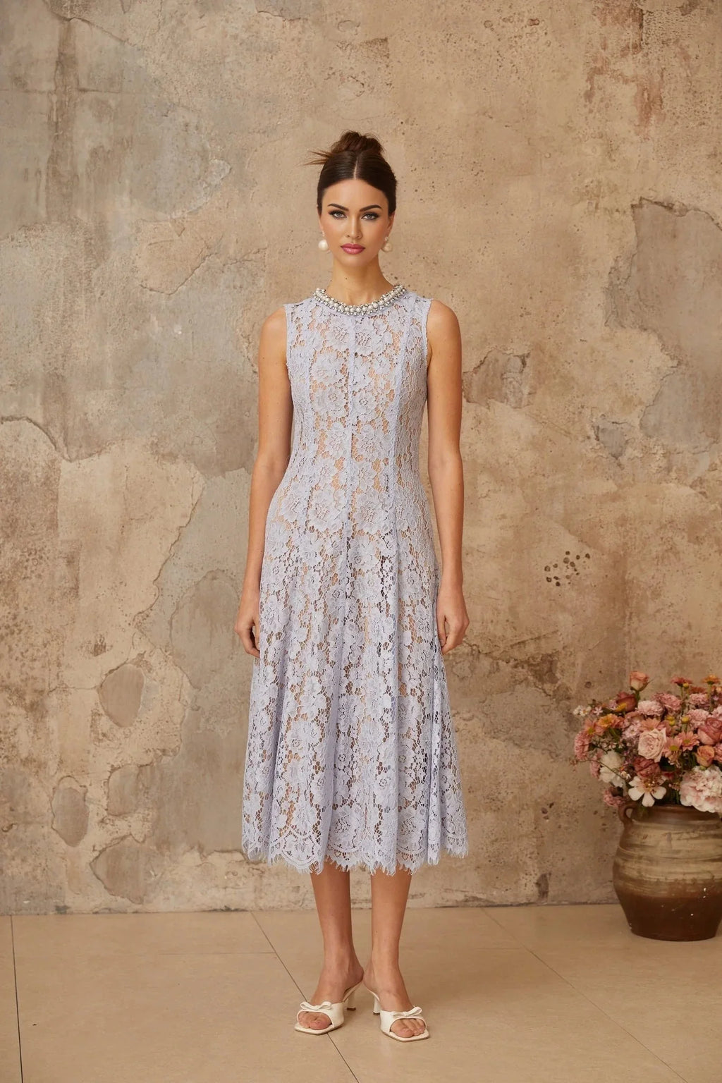 Isabella Midi Dress Blue Lace Crystal Embellished
