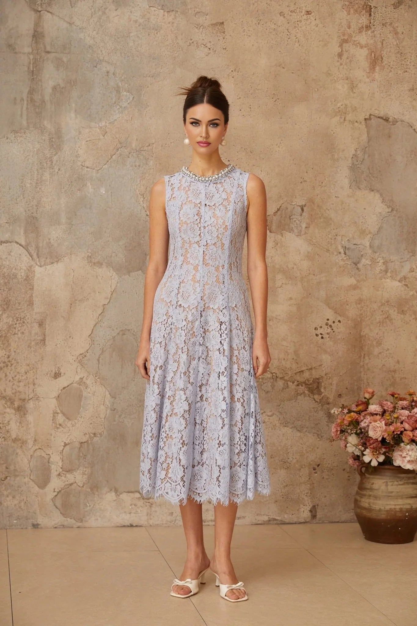 Isabella Midi Dress Blue Lace Crystal Embellished