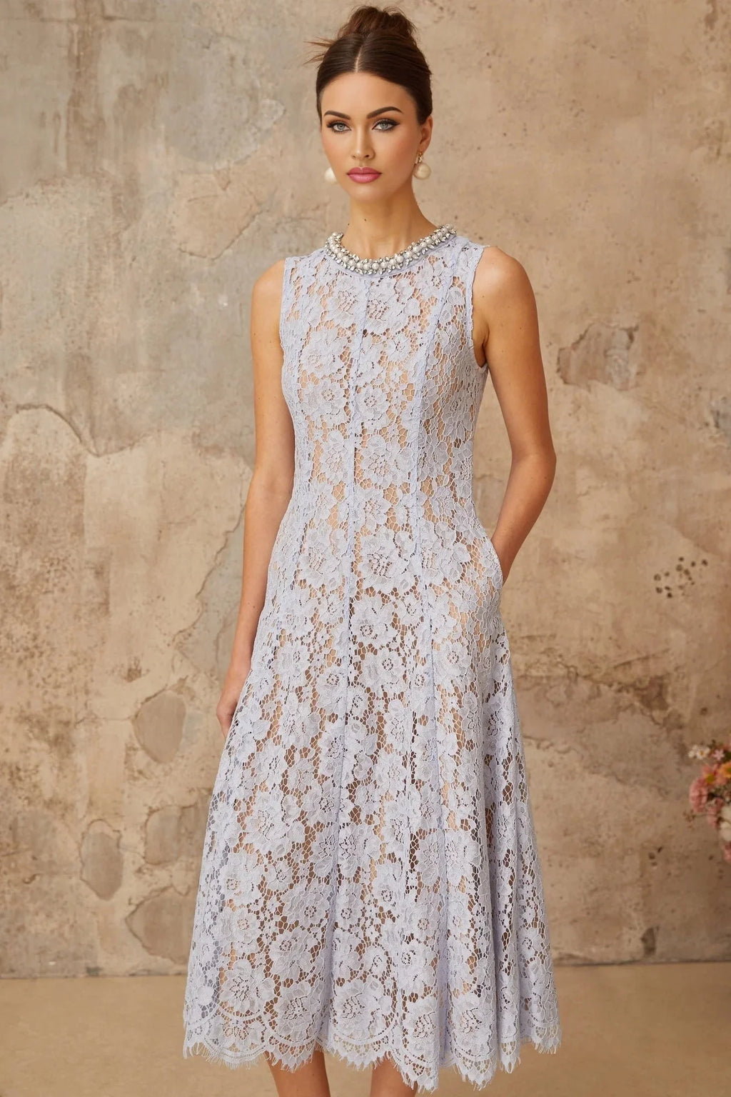 Isabella Midi Dress Blue Lace Crystal Embellished