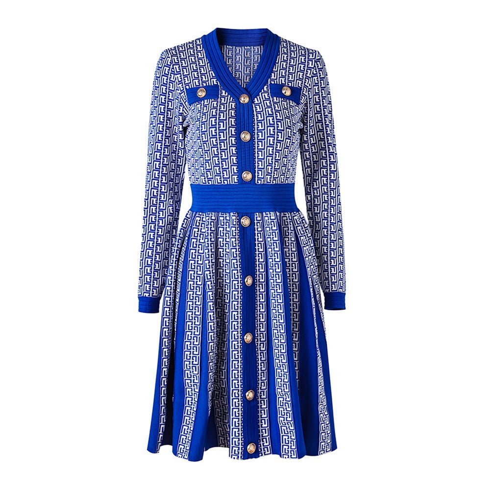 Isabella Midi Dress - Tailored Bodice - Geometric Print - Slim Waist - V - Neckline - Gold - Tone Buttons