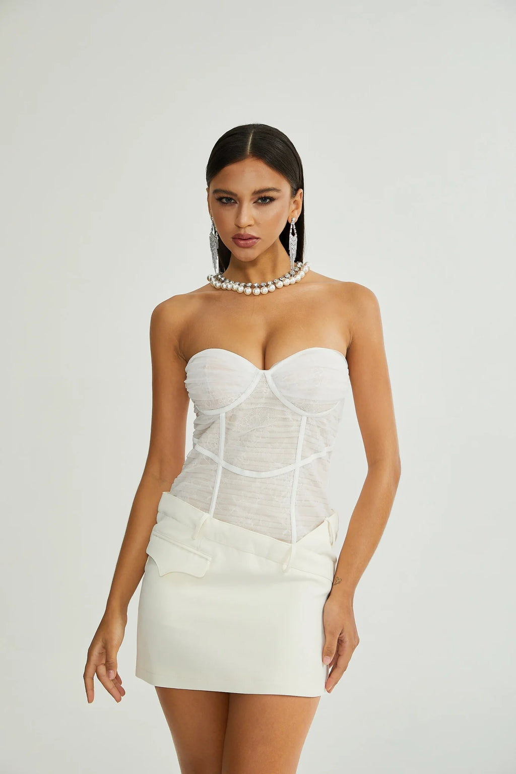 Isabella Mini Dress - Bustier Style - Mesh Detailing - Asymmetric Design - Rear Zip Fastening