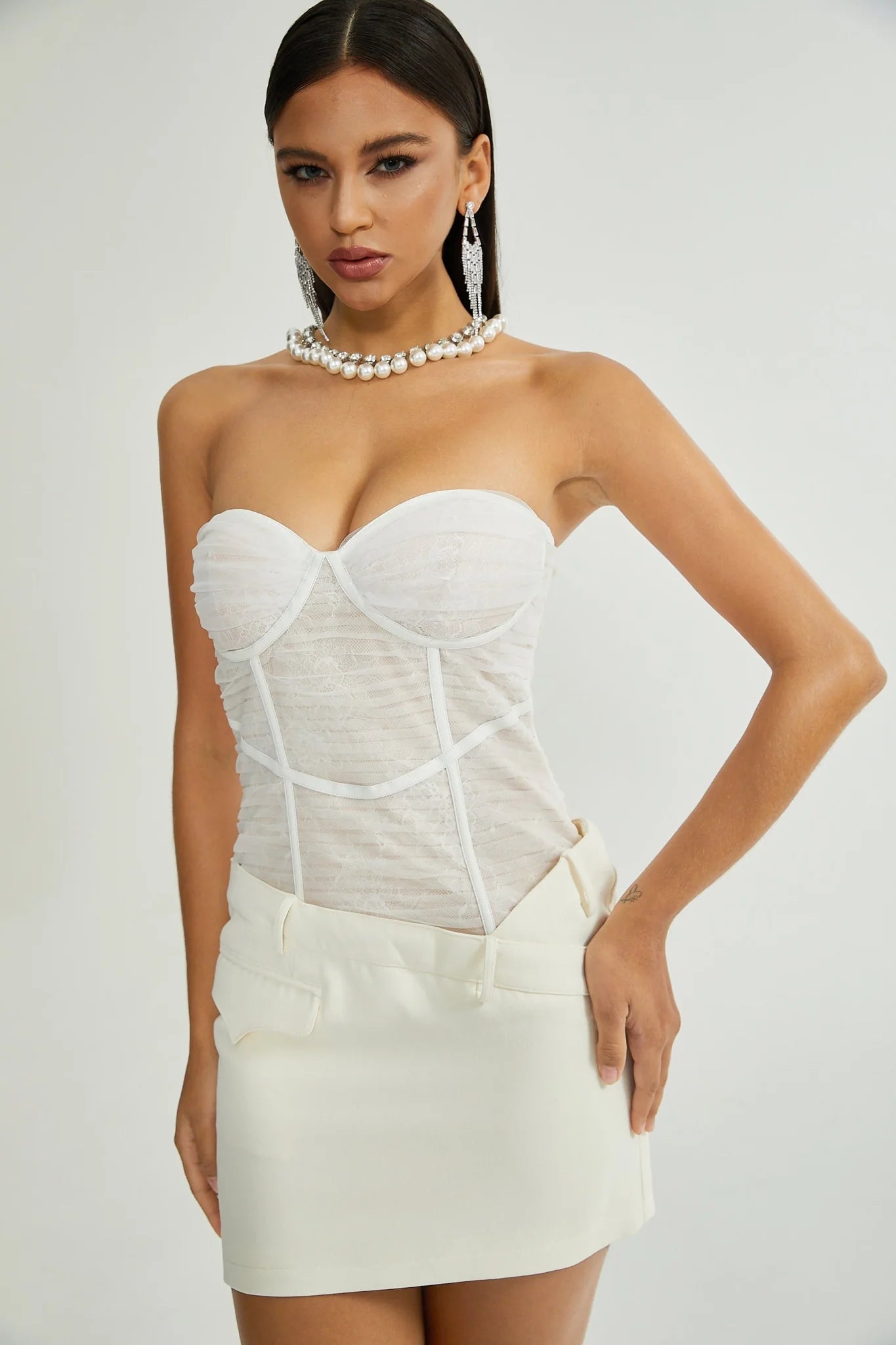 Isabella Mini Dress - Bustier Style - Mesh Detailing - Asymmetric Design - Rear Zip Fastening