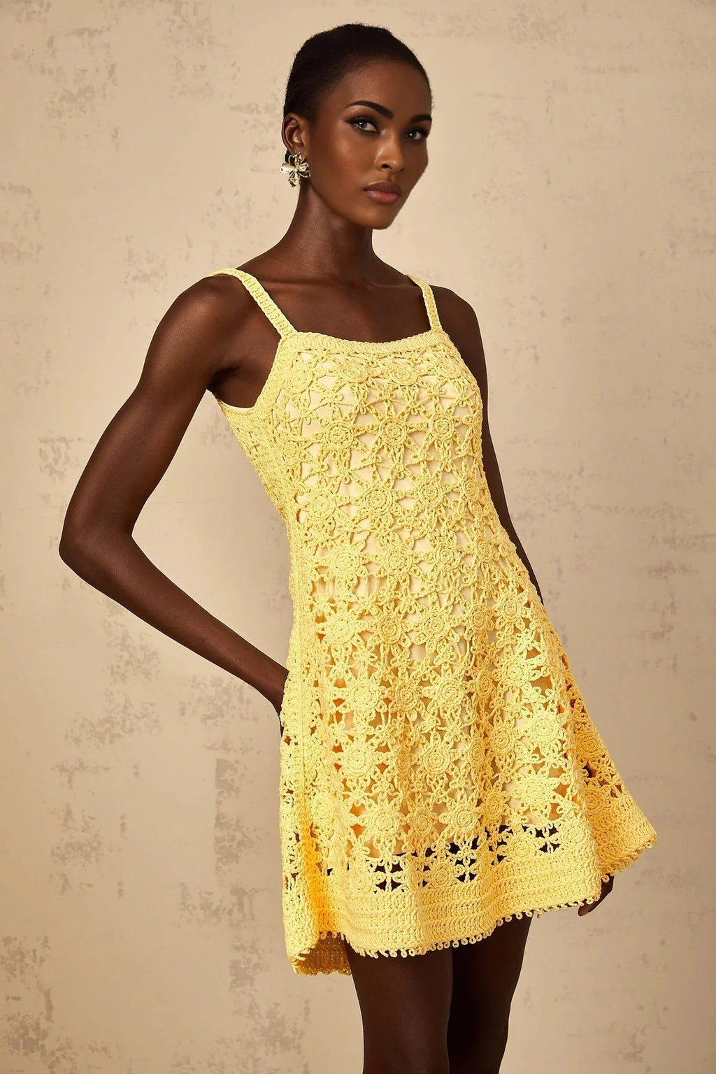 Isabella Mini Dress Yellow Crochet Flare