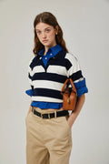 Isabella Shirt - Color Blocked Lapel Collar - Chic Stripe Design - Trendy Short Sleeves - Stretch Waist Comfort