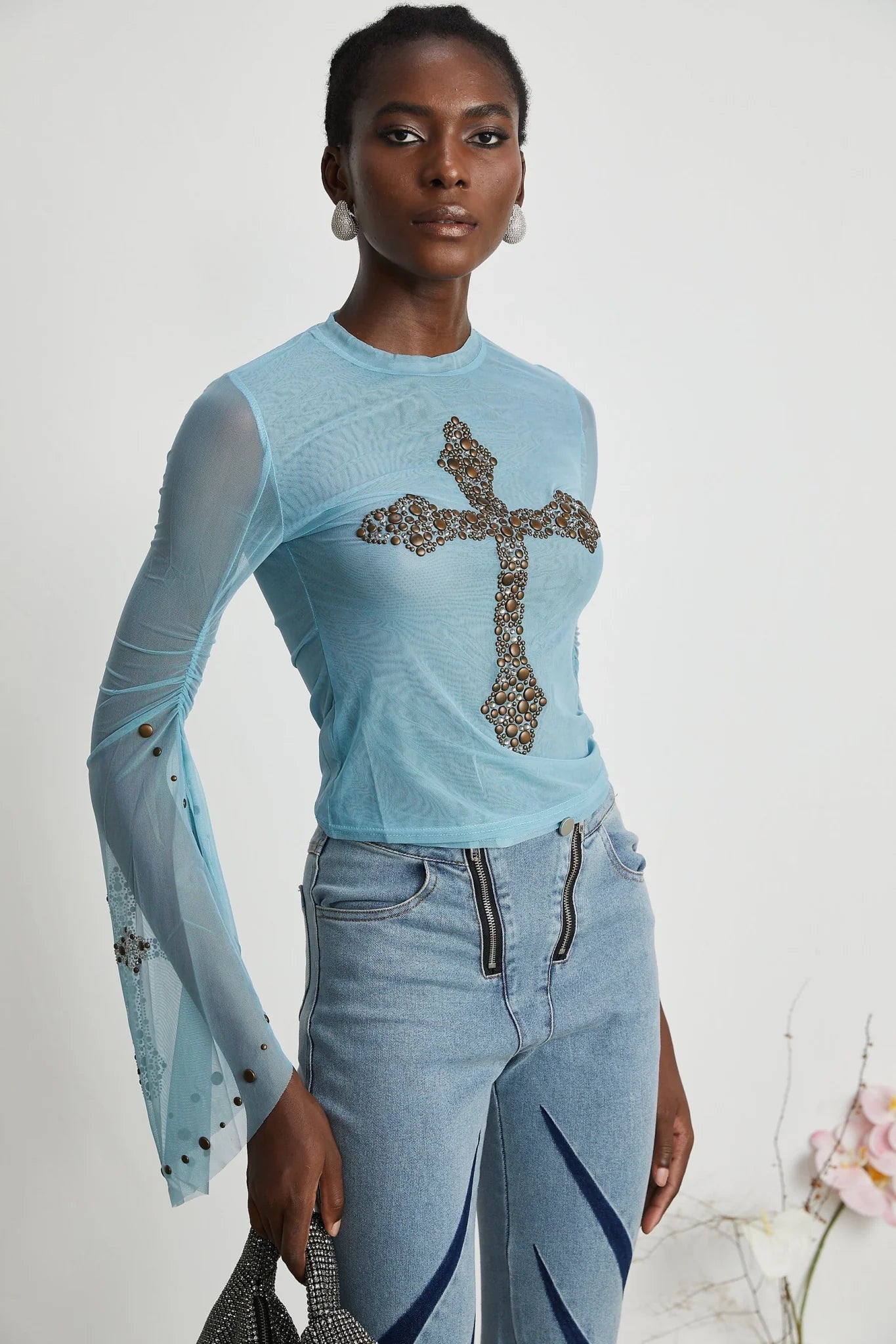 Isabella Top - Long Sleeve - Round Neck - Slit Flare Sleeves - Stud Embellishment