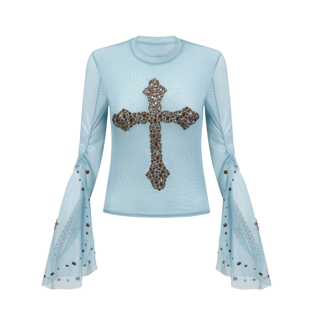 Isabella Top - Long Sleeve - Round Neck - Slit Flare Sleeves - Stud Embellishment