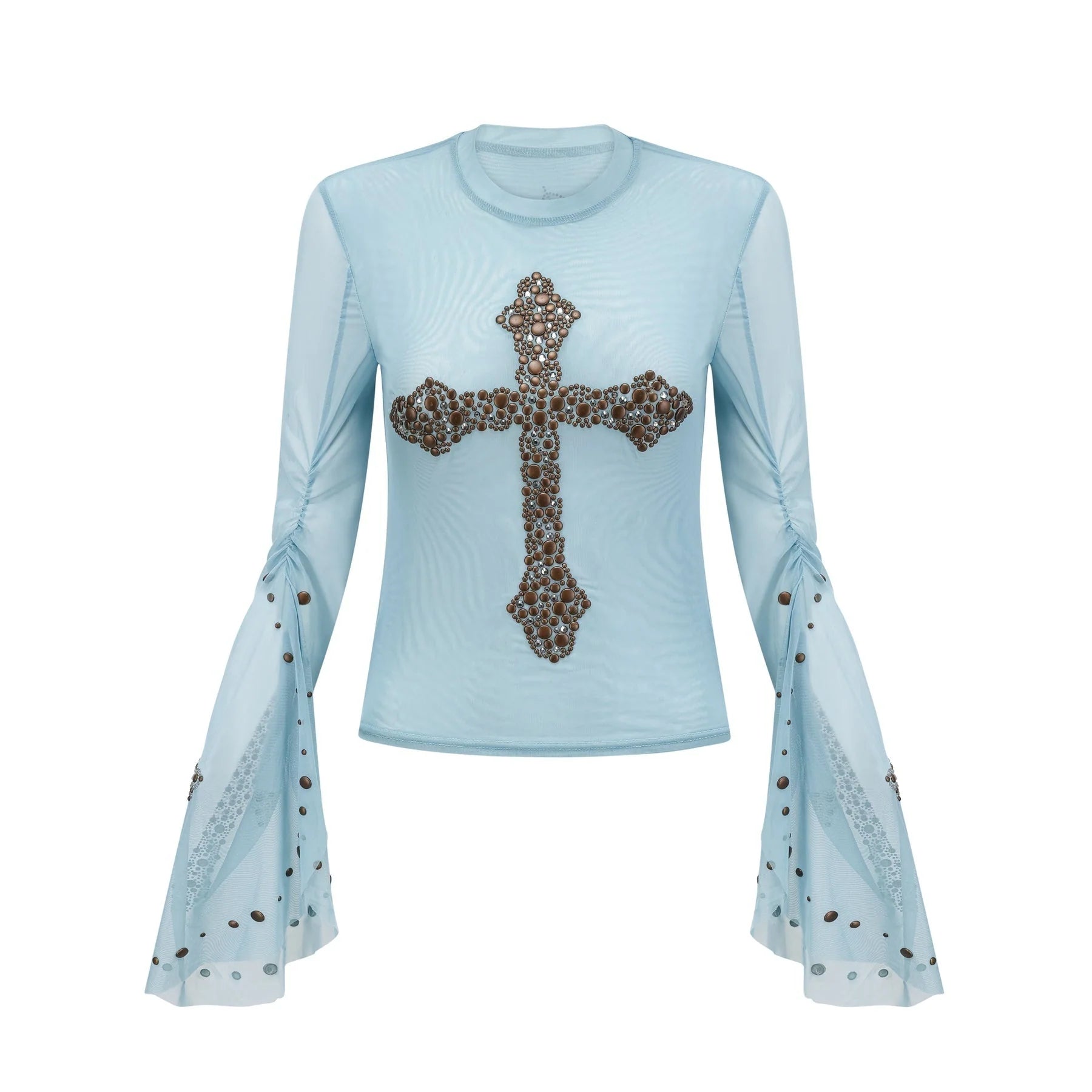 Isabella Top - Long Sleeve - Round Neck - Slit Flare Sleeves - Stud Embellishment